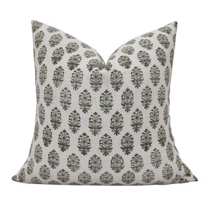 Handmade Indian Flower Pillow Cover: Green & White Cotton, Double Sided