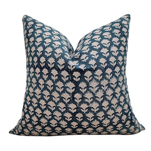 OPAL | Designer Teal Floral Natural cotton Pillow Cover, Block Print Pillow, Modern Farmhouse Pillow, Blue Pillow Cover, Floral Pillow Cover