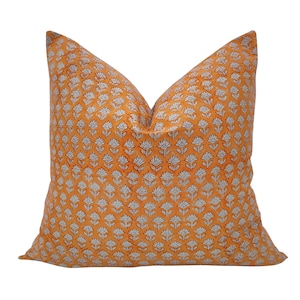 OPAL | Designer orange Floral Linen Pillow Cover, Block Print Pillow, Modern Farmhouse Pillow, orange Pillow Cover, Floral Pillow Cover