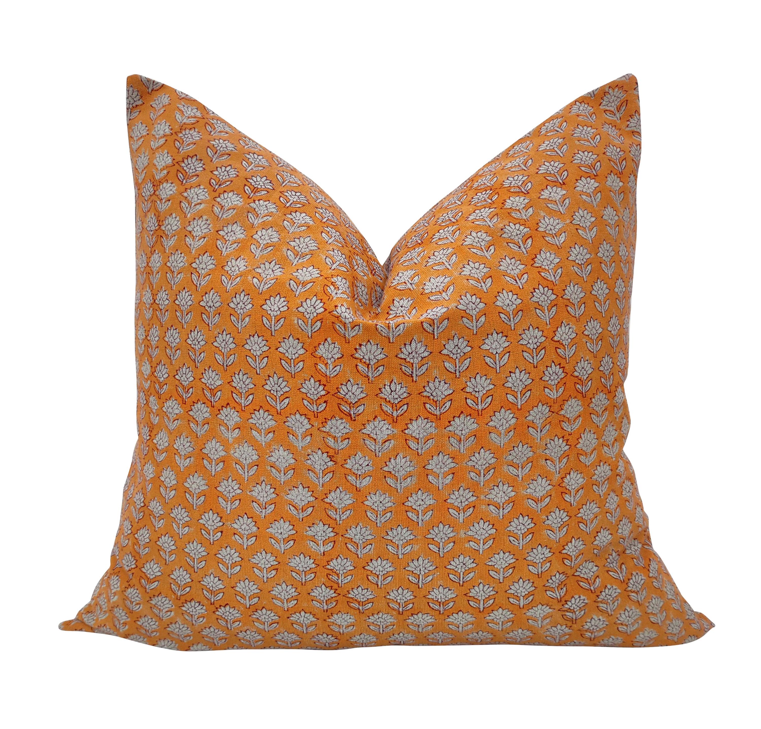 Orange Floral Linen Pillow Cover: Modern Farmhouse Block Print