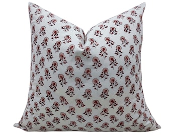 Red Floral Block Print Cotton Pillow Cover - Modern Farmhouse Decor