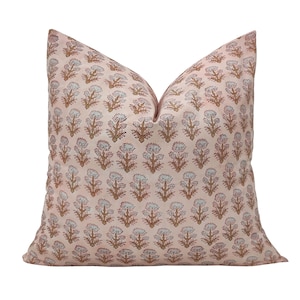 Indian Hand Block Print Throw Pillows Organic Cotton pink & brown Flowers, Pillowcase, Cushion Cover Shams FINAL SLAE. both side print