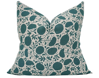 Teal Floral Block Print Pillow Cover: Hand-Pressed Designer Pillow