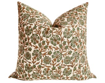 OLIVE Green hand block print pillow cover natural cotton cushion