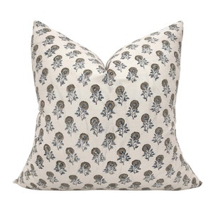 Blue & Gray Floral Block Print Cotton Pillow Cover: Modern Farmhouse Decor