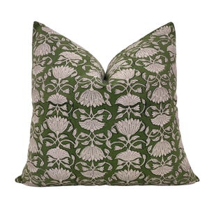 Green Floral Block Print Pillow Cover: Handmade Cotton Cushion