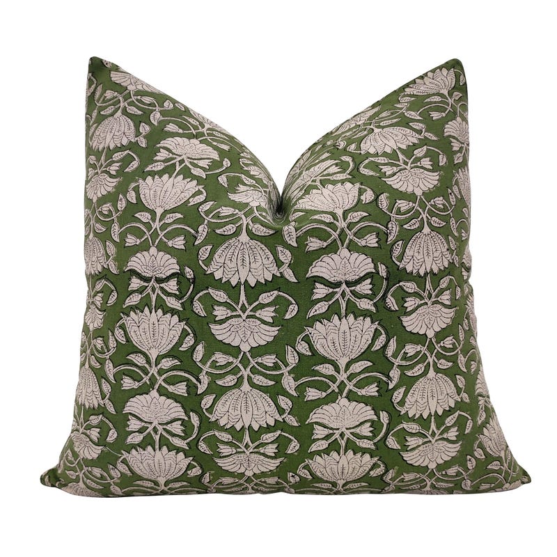 Green - Sanganeri Block Printed Cotton Pillow Cover With Lace (26 x 16 in) - Set of 2