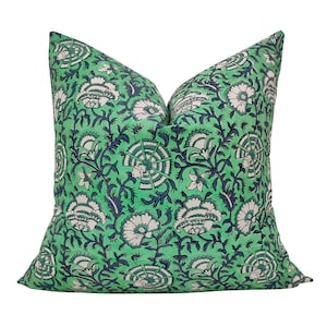 Designer pillow on 100% White linen Pillow Cover //  green  and  blue Pillow / Boho Pillow Decorative Throw Pillows. Hand block print pillow