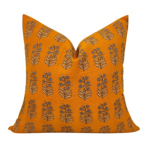 Handmade Orange Floral Cushion Cover: Block Print Cotton Throw Pillow