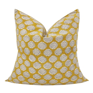 Mustard Block Print Pillow | Cotton Cushion Cover | 18x18 Throw Pillow | Decorative Pillow | Colourful Boho Pillow | both print  | Bedroom