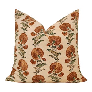 Cotton Pillow Cover, , Jasper Indian Flower in Brown & green  pillow cover // MADE TO ORDER // High End Designer Fabrics .both side print