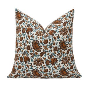 Rust Brown Block Print Pillow Cover, Earthy Floral Cushion Cover,