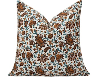 Rust Brown Block Print Pillow Cover, Earthy Floral Cushion Cover,