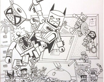 Original Comic Art - Marvel vs DC Minimates by Ryan Dunlavey ToyFare Magazine #83 page 46 & 47 original pen and ink pin-up art  11 x 14