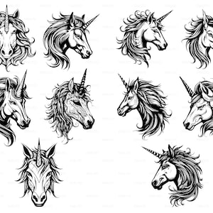 Unicorn Vectors Pack, 10 Tattoo Designs, Print file, png, illustrator, Printable