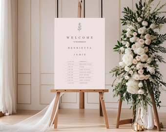 Wedding Welcome Sign with Program- Pink Floral Welcome to Our Wedding Sign Canva Template, Elegant Reception Sign, Printable Poster Signage