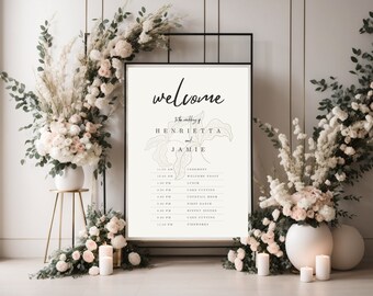 Wedding Welcome Sign with Program, Posh Floral Welcome to Our Wedding Sign Canva Template, Classic Reception Sign, Printable Poster Signage