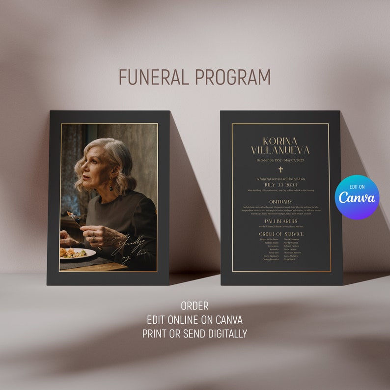 Simple Funeral Program Template, Classic Funeral Memorial, Minimal Obituary Order of Service, in