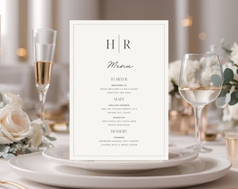 Monogram Wedding Menu Template, Formal Bordered Table Menu Card, Aesthetic Printable Design with Simple Frame, Sophisticated Wedding Dinner