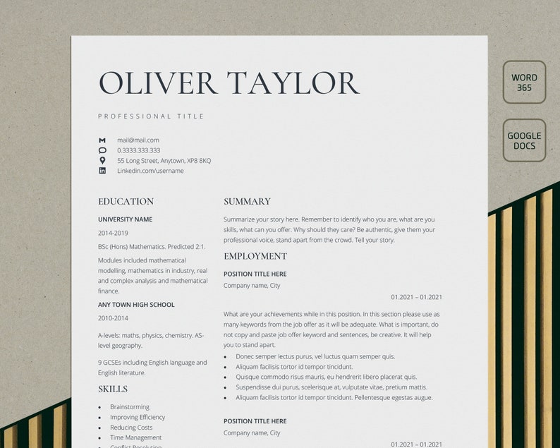 Google Docs Resume Template, Modern Sleek Cv Template Word, Professional Executive Resume Template, Simple Basic Resume, Minimalist Resume image 1