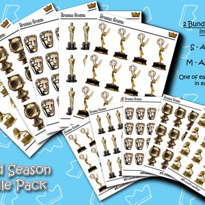 Temporada de premios - Paquete de hojas de calcomanías - 5 hojas por paquete - Oscars, Emmy, Globo de Oro, Bafta, Grammy, 2 tamaños disponibles / Hoja de calcomanías