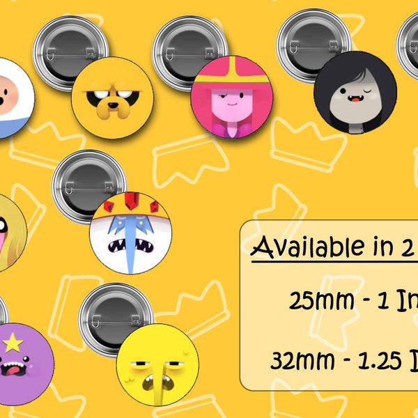 AT - Main Character Faces set, Adventure Time Button Pins - Badge set - 2 sizes available