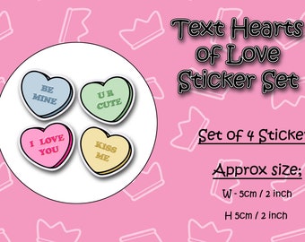 Text Hearts - Die Cut - Easy peel - Set of 4 | Laptop Decal | Vinyl Sticker| Weather Proof | Water bottle Sticker |