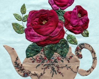 Teapot and Red Roses PDF Appliqué Quilt Block Pattern