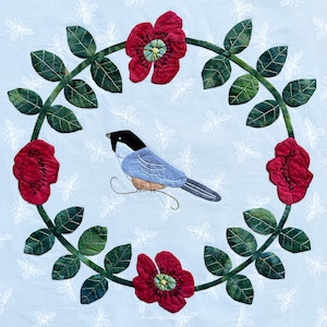 May include: A bluebird perched on a branch of a vine with red flowers. The vine is surrounded by white bees on a light blue background.