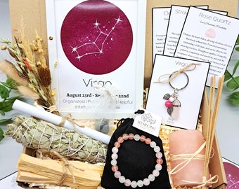 VIERGE Cadeau du zodiaque, Coffret Vierge, Coffret cadeau du zodiaque, Coffret cadeau d'anniversaire Vierge, Bracelet en cristal pour femme Vierge, Bracelet en cristal de quartz rose