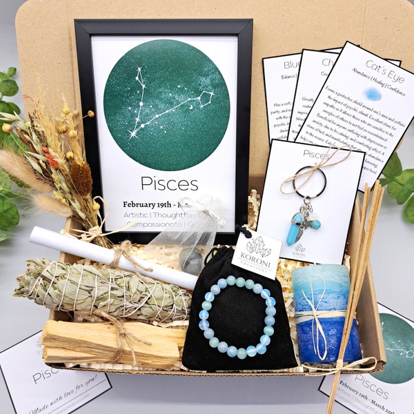 PISCES Gift Box, Pisces Gift Set, Zodiac Gift Box, Zodiac Crystal Set, Zodiac Bracelet Crystals, March Gift Box, Pisces Constellation Gift