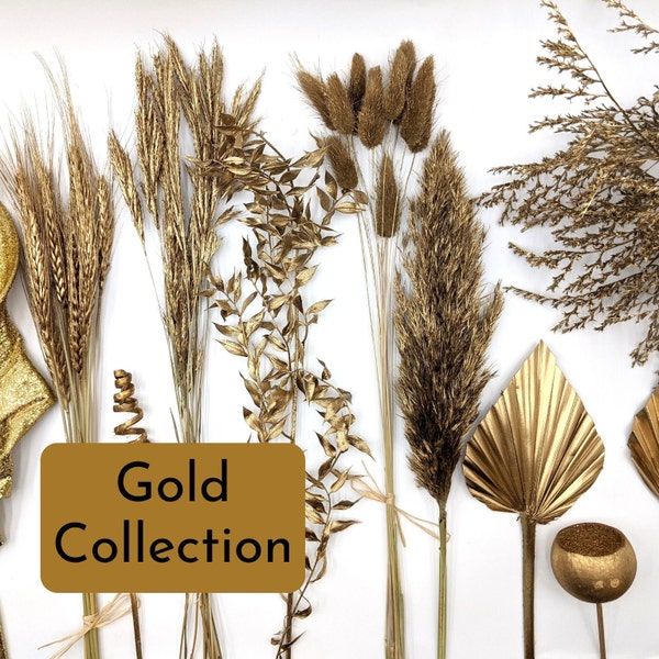 Gold Dried Flowers, Gold Dried Bouquet, Gold Ruscus, Gold Pampas Grass, DIY Wedding Centerpiece, Gold Flowers for Cake, Mini Dried Flowers