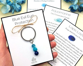 EVIL EYE PROTECTION Keychain, Protection Keyring, Evil Eye Keyring, Blue Crystals Keychain, Small Gift for Protection, Stay Safe Gift Energy