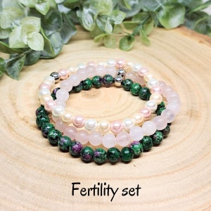 FERTILITY Bracelet Set, Pregnancy Crystals Bracelets, Dainty Fertility Gemstone Jewelry, Gift for Her, Rose Quartz - Pearls - Ruby Zoisite