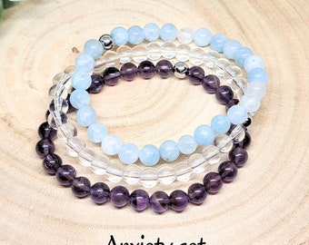 ANXIETY Crystal Bracelets Set, Anxiety Relief Gemstones for Removing Stress, Crystal Bead Bracelet, Mental Health Stones, Anti Anxiety Gift