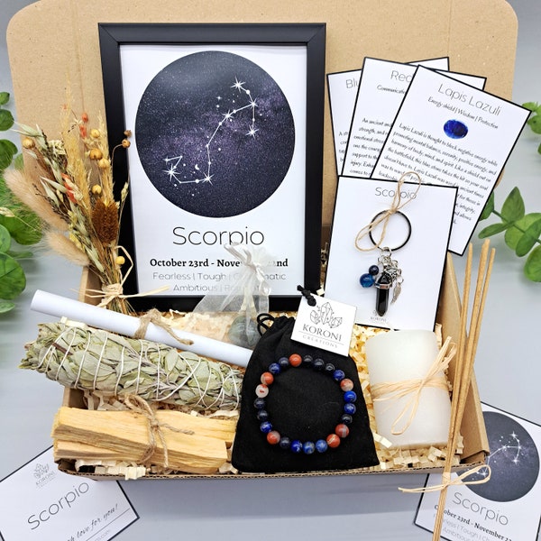 SCORPIO Gift Box, Zodiac Gift for Scorpio Women, Astrology Set, Birthday Gift Ideas, Crystal Healing Energy Kit, Birthstones Bracelet Gift