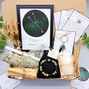 Caja de regalo TAURO, regalo de cumpleaños de Tauro, juego de regalo de Tauro para mujer, caja de regalo del zodiaco, pulsera de cristales de cumpleaños, juego de salvia blanca y palo santo