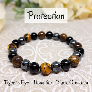 Crystals for Protection Bead Bracelet, Triple Protection Stone Beads, Energy Shield Crystal Jewelry, Gift for Protection and Energy Support