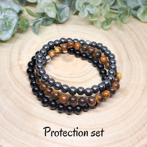 Crystals for PROTECTION Set, Protection Stone Bracelets, Negative Energy Shield Gemstones for Women & Men, Tiger Eye - Obsidian - Hematite