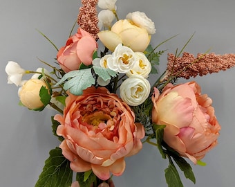 White and Peach Bouquet, Artificial Mix Bouquet, Peach Silk Peonies, Faux Ranunculus Flowers, Small Wedding Centerpiece, Table Arrangement