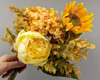 Bouquet artificiel d'automne, fleurs artificielles jaunes, composition tournesol, centre de table jaune, mariage floral automne, pivoine jaune pour vase