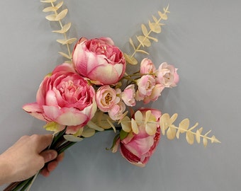 Faux Peonies and Eucalyptus Arrangement, Artificial Pink Flowers, Pink Flowers Centerpiece, Silk Flowers for Vase, Pink Wedding Plants Decor