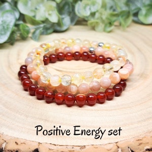 POSITIVE ENERGY Bracelets Set, Healing Stones Jewelry, Women Bead Bracelet Set, Energy Stones for Motivation, Crystals for Joy and Happiness