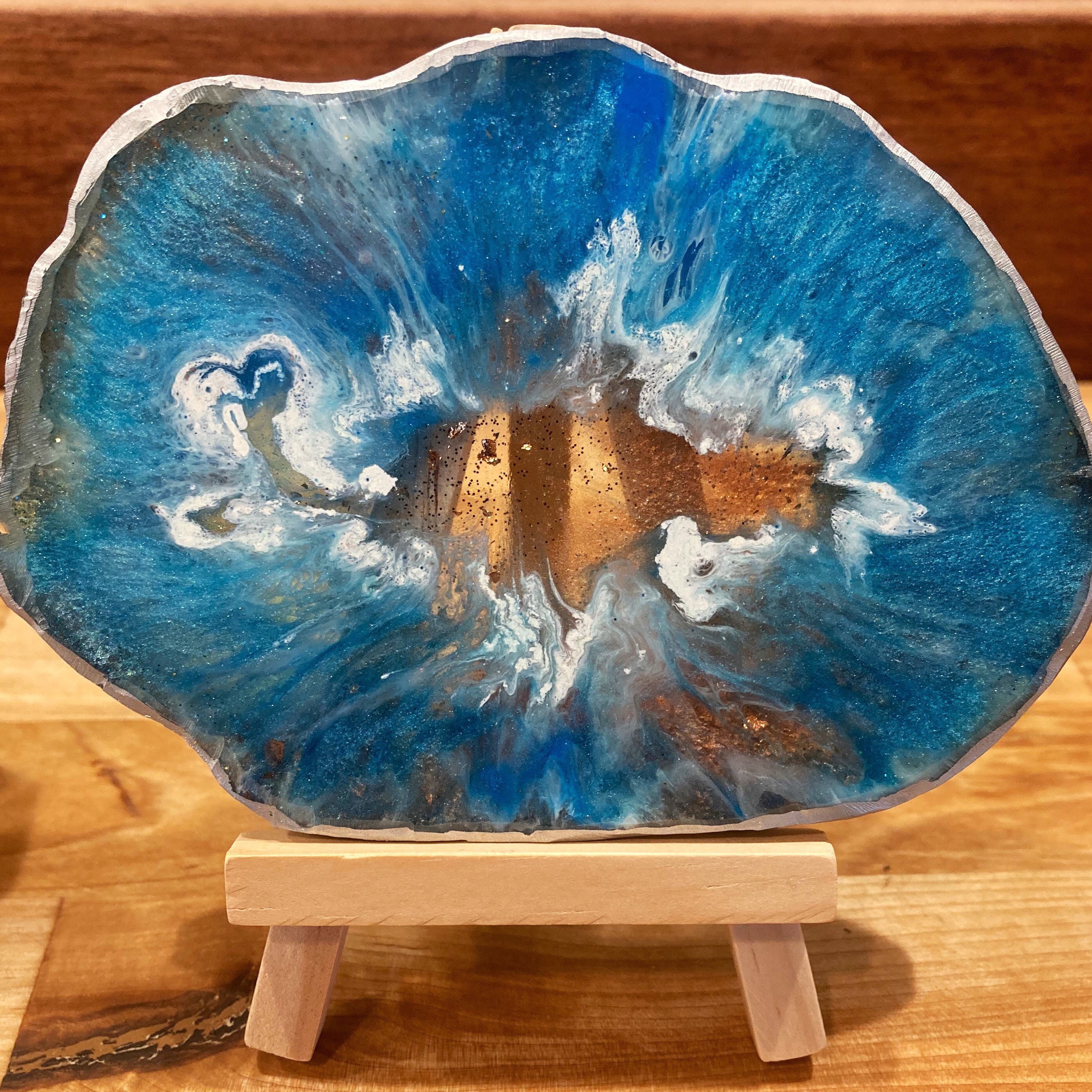 Epoxy Resin Geode Art With Small Wood Display Easel Etsy