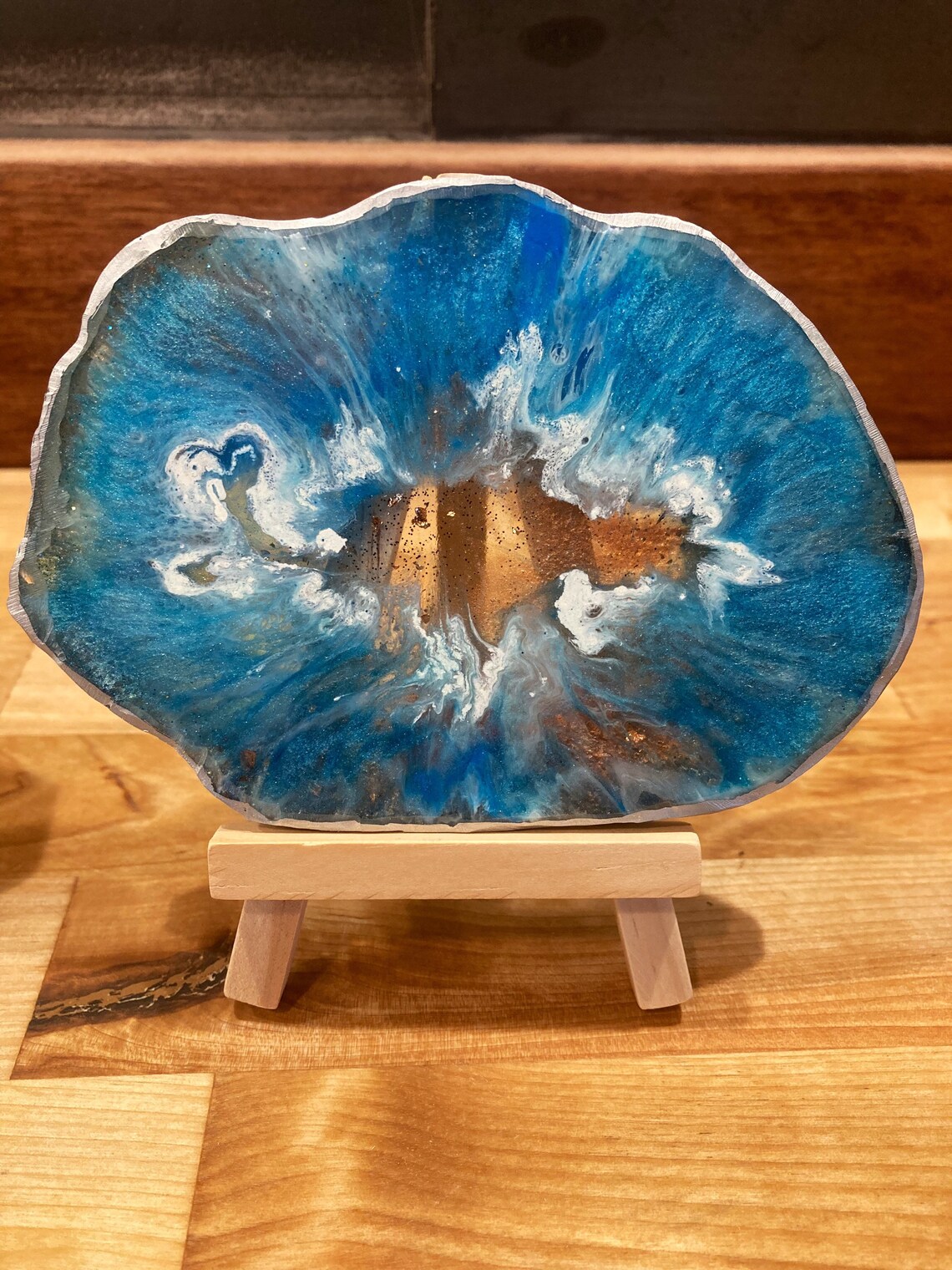 Epoxy Resin Geode Art With Small Wood Display Easel Etsy