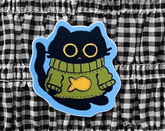Cat in Sweater Matte Vinyl Sticker - Cute Sticker - Original Artwork - Funny Gift - Cottagecore - Cat Sticker - Black Cat Sticker