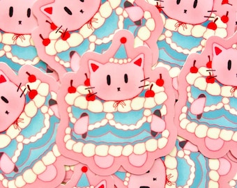 Birthday Cake Cat Matte Vinyl Sticker - Cute Sticker - Original Artwork - Funny Gift - Birthday Sticker - Cat Sticker - Pink Cat Sticker