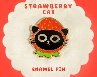 Strawberry Cat Pin - Cat Enamel Pin - Cute Pins - Cartoon Hard Enamel Pin - Black Cat Pin
