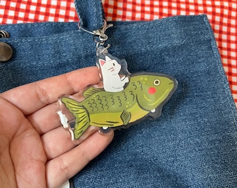 Cat in Fish Car Acrylic Keychain - Cute Keychain - Original Artwork - Funny Gift - Purse Accessory - Bag Charm
