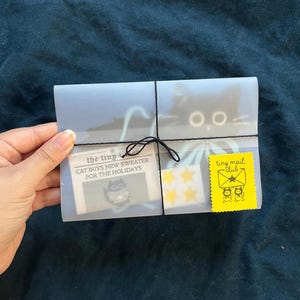 Puede incluir: Un sobre transparente atado con hilo negro, que contiene un recorte de peri&oacute;dico, pegatinas de estrellas amarillas y una pegatina amarilla de "tiny mail club". El recorte de peri&oacute;dico dice "CAT BUYS NEW SWEATER FOR THE HOLIDAYS". Se ve un gr&aacute;fico de gato negro.